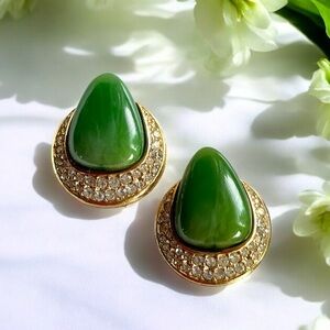 ✨ Vintage GIVENCHY Green Glass Clip-On Earrings | Gold Tone & Crystal Accents ✨